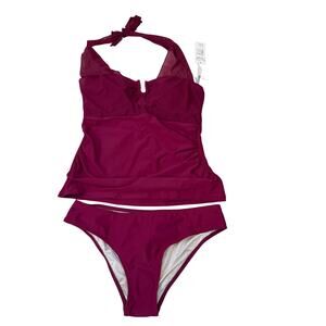 Cupshe Magenta Tankini Swimsuit Set Mesh Halter Medium NWT